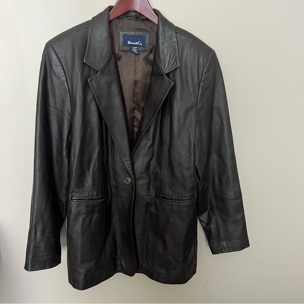 Denim and Co. qvc smooth brown leather distressed oversized‎ blazer